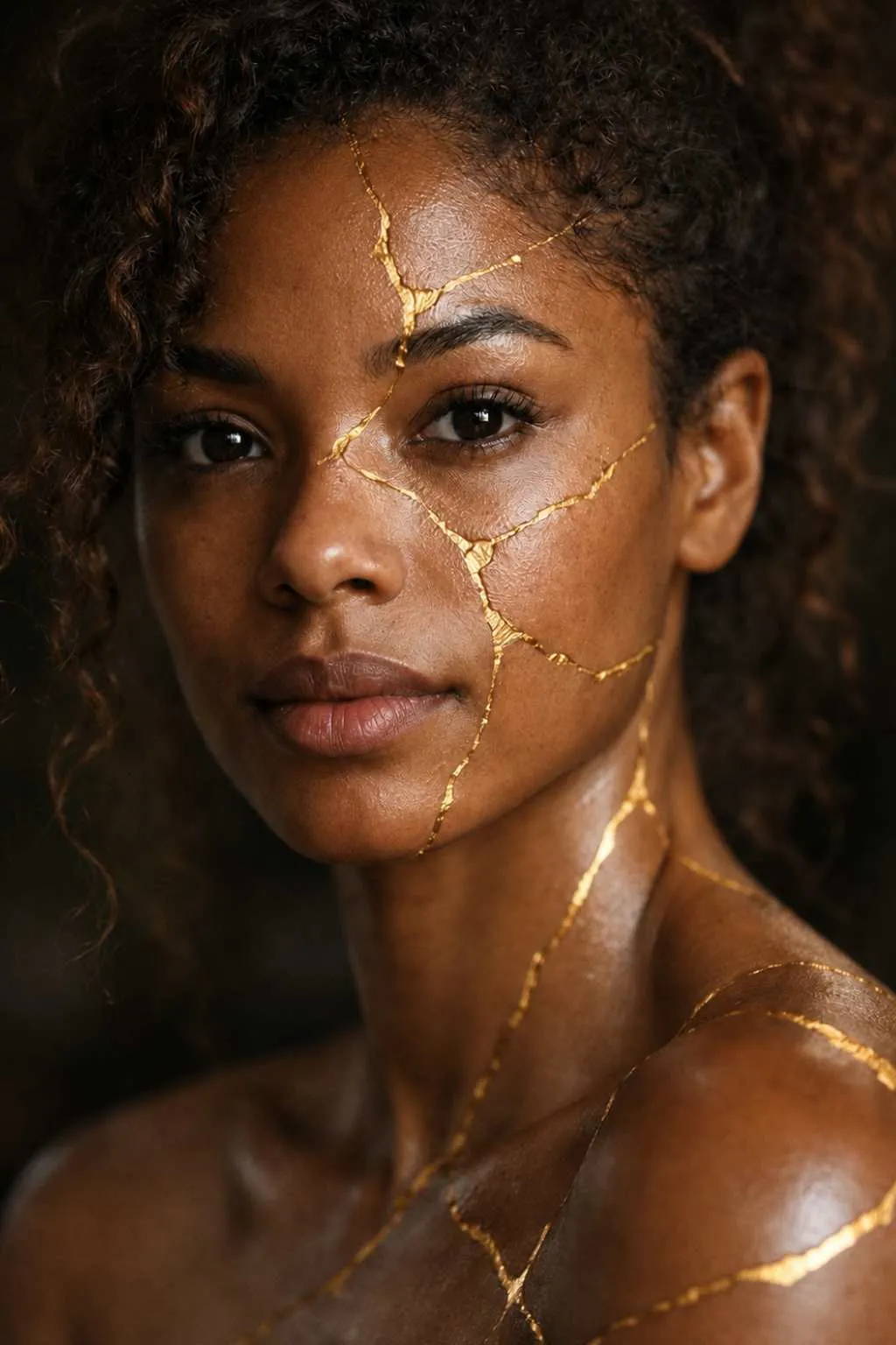 Portrait of a woman with gold kintsugi lines across her skin – Art Evolve