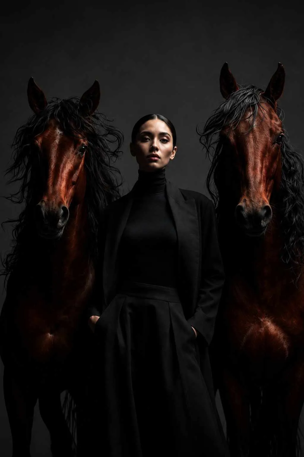 Woman in black standing between two dark bay horses – Our Sacred World