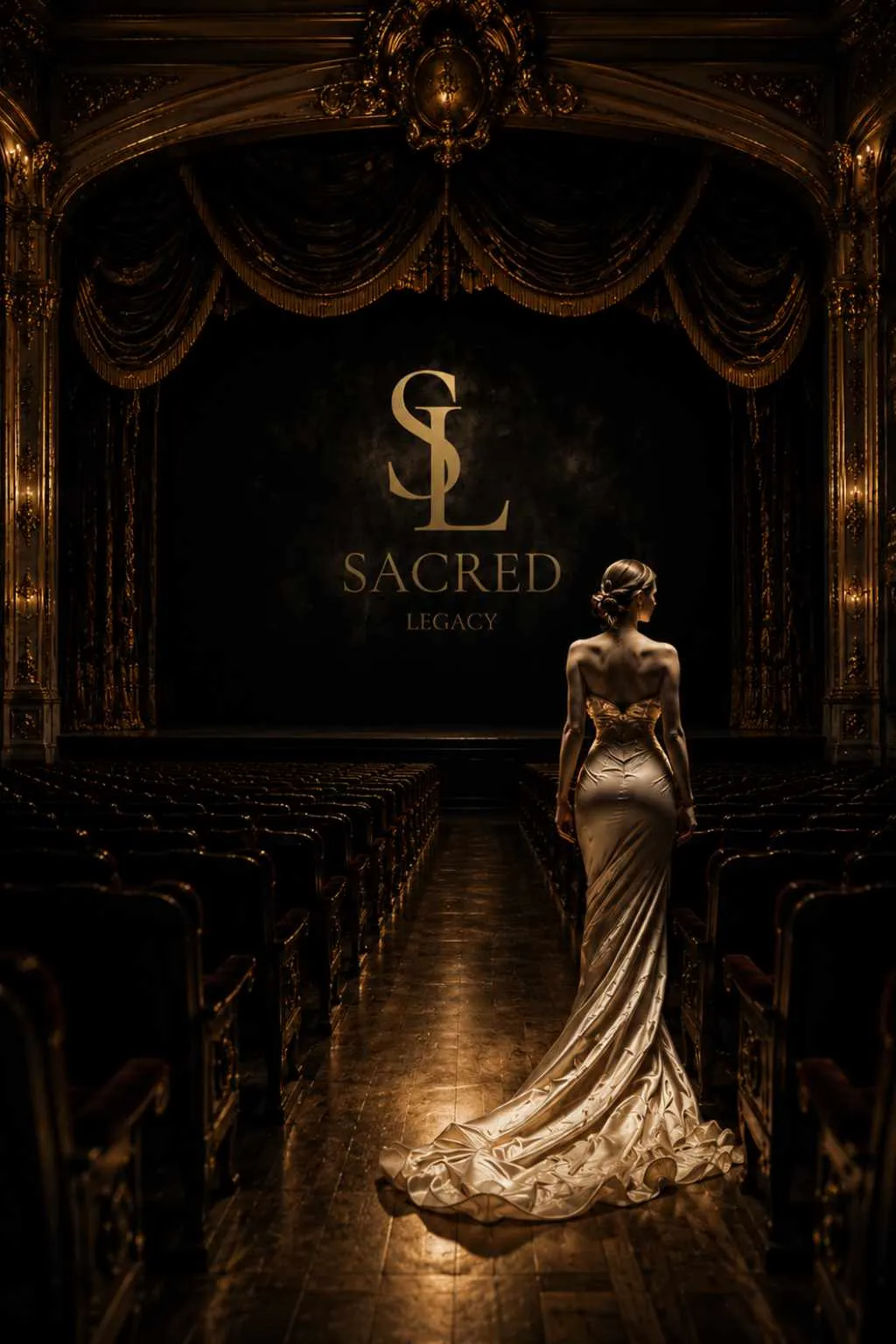 Woman in an ivory gown in a gilded theatre before the Sacred Legacy stage