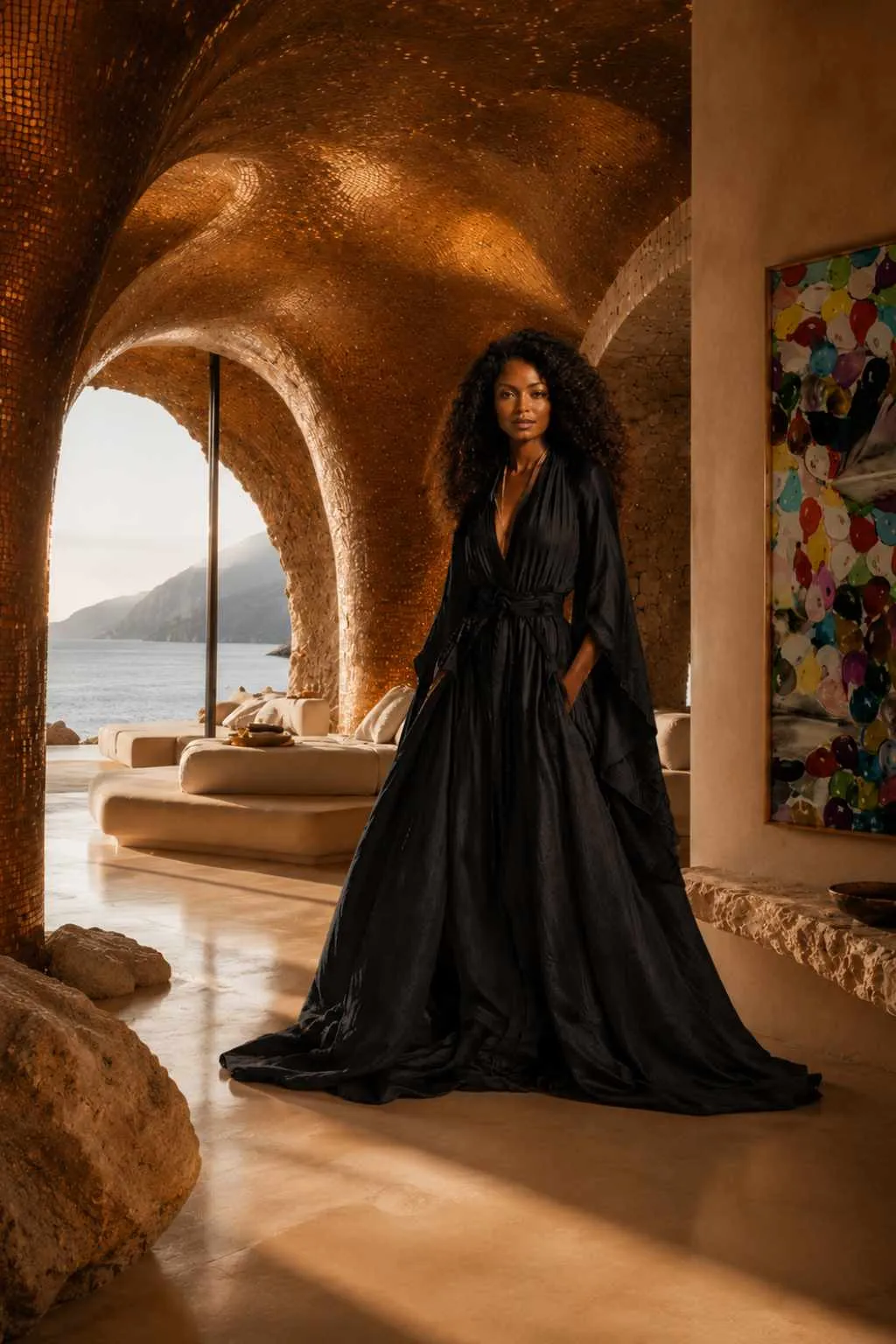 Woman in a flowing black gown in a sunlit arched sanctuary – Sacred Living