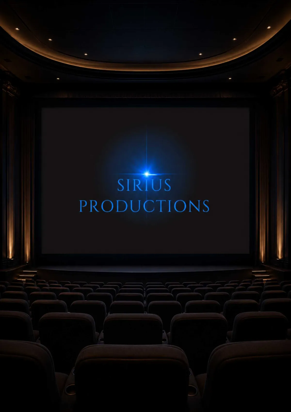 Cinema screen showing the Sirius Productions title – film and media division