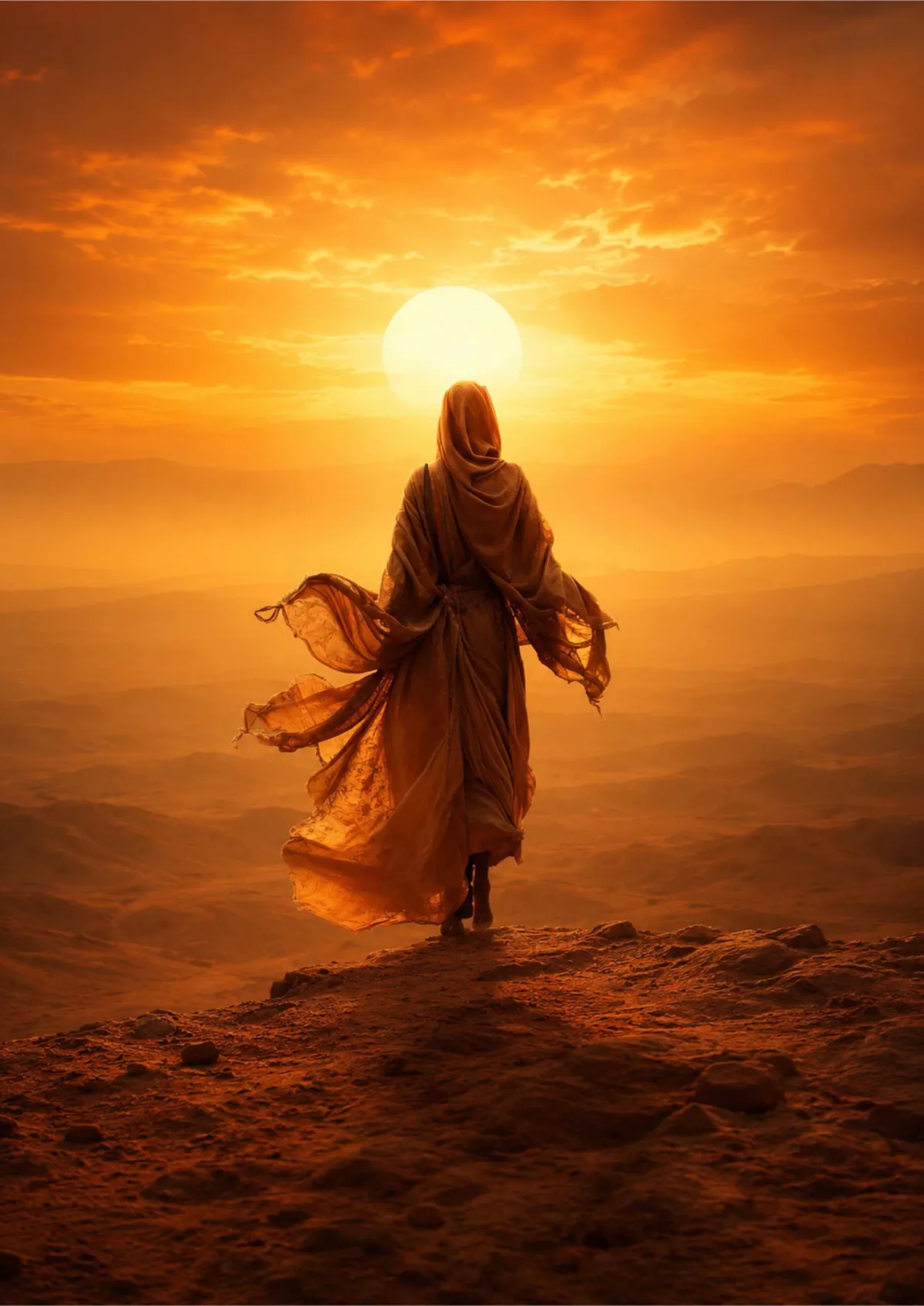 Robed figure walking towards the rising sun over desert dunes – Spiritual Footprint